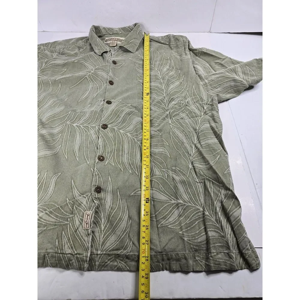 Jamaica Jaxx Shirt Mens XL Green Short Sleeve Button Up Hawaiian Leaf‎ Silk Vtg